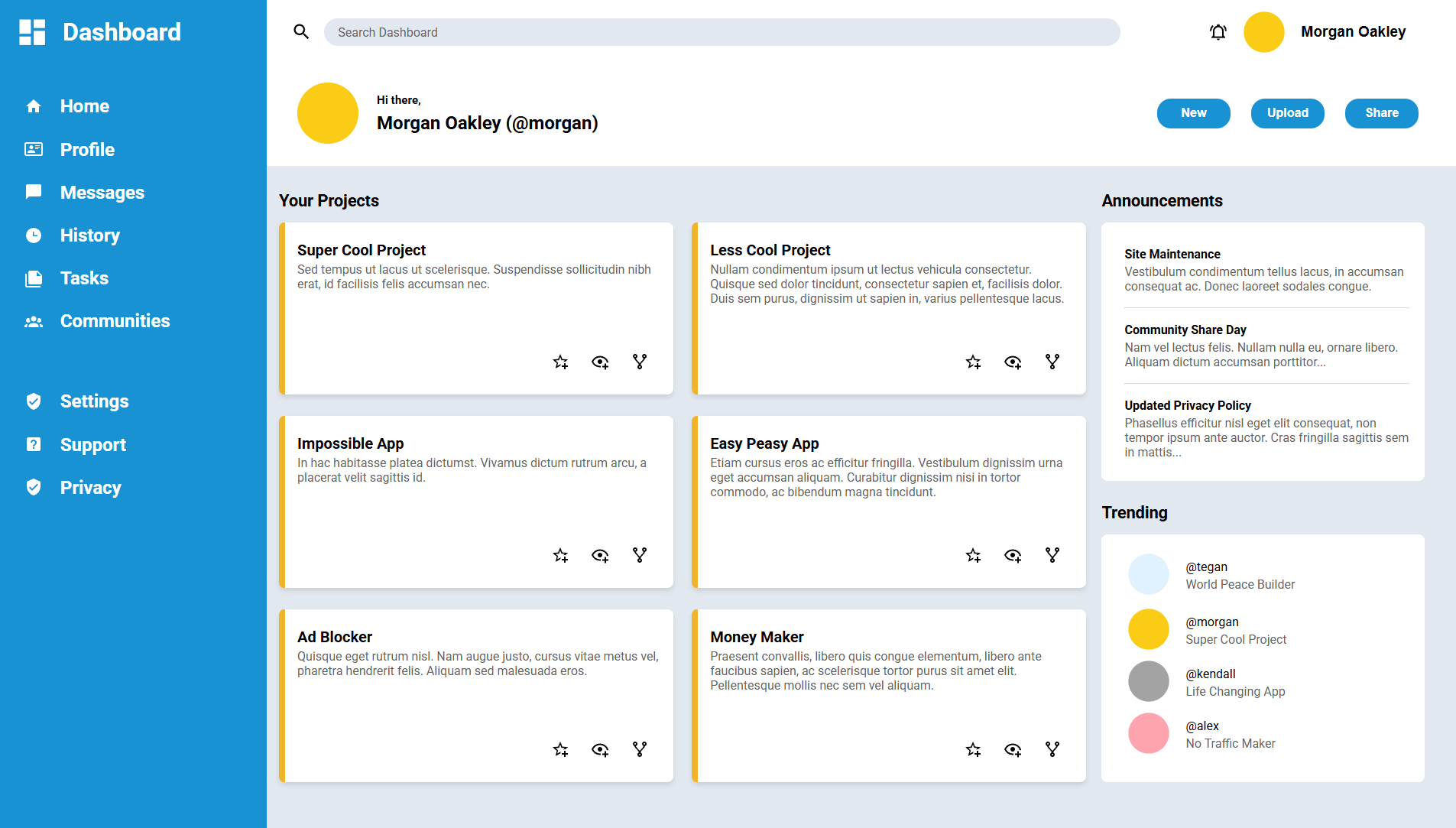 Screenshot of Admin Dashboard, featuring a sidebar on the left side, with the right side divided into a top header section and a bottom main section, the latter being divided into a larger projects section on the left side, and announcements and trending sections occuping the top and bottom halves of the right side, respectively.