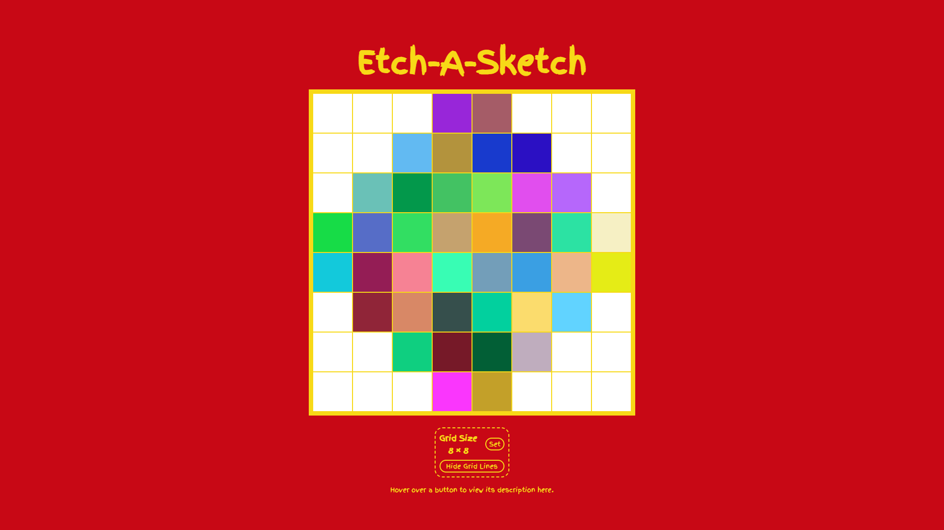Screenshot of Etch-A-Sketch, featuring an 8-by-8 drawing grid containing a diamond-like drawing whose forming cells have different, random colors. Below the drawing grid are controls for setting the grid resolution and toggling the visibility of grid lines, and a field containing the description of the currently hovered control button.