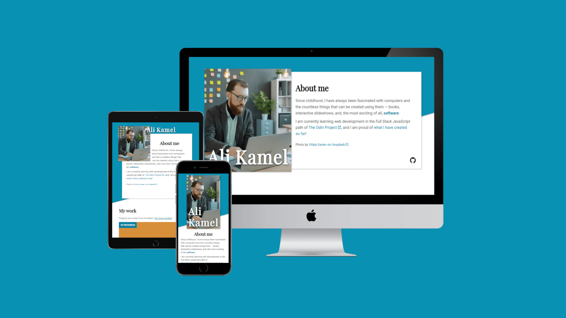 A desktop monitor, a tablet, and a mobile displaying their respective layouts of the responsive homepage.
