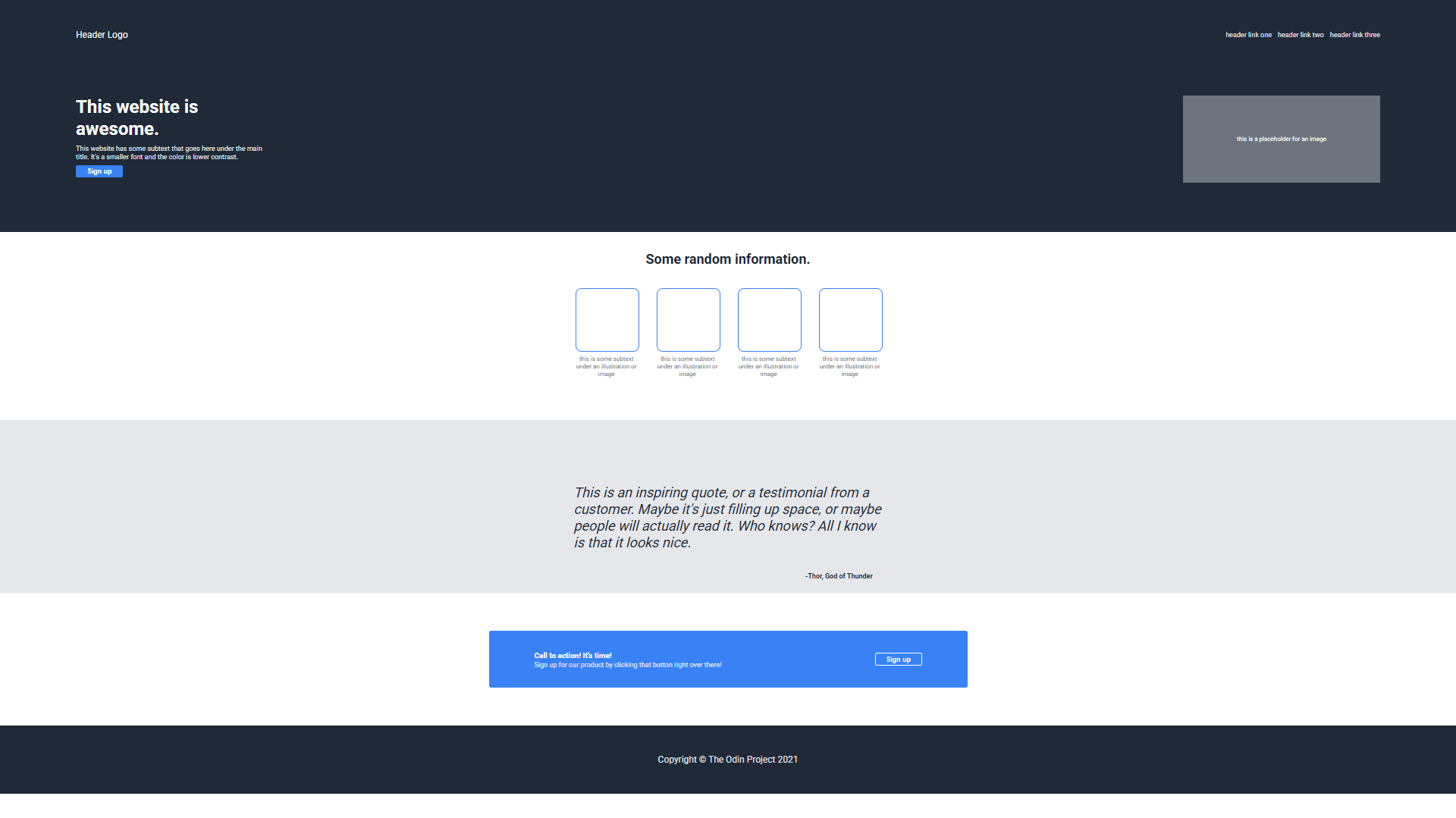 Screenshot of Landing Page, featuring from top downwards a header with a navigation bar on top, an information section with placeholders for illustrations and images and their subtext, a quote section, a call-to-action section, and a footer.