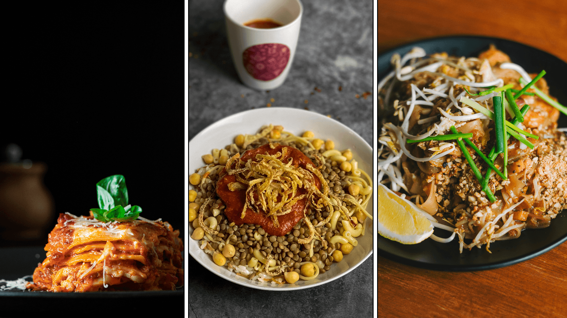 An image featuring some dishes: Lasagna, Koshari, and Pad Thai.