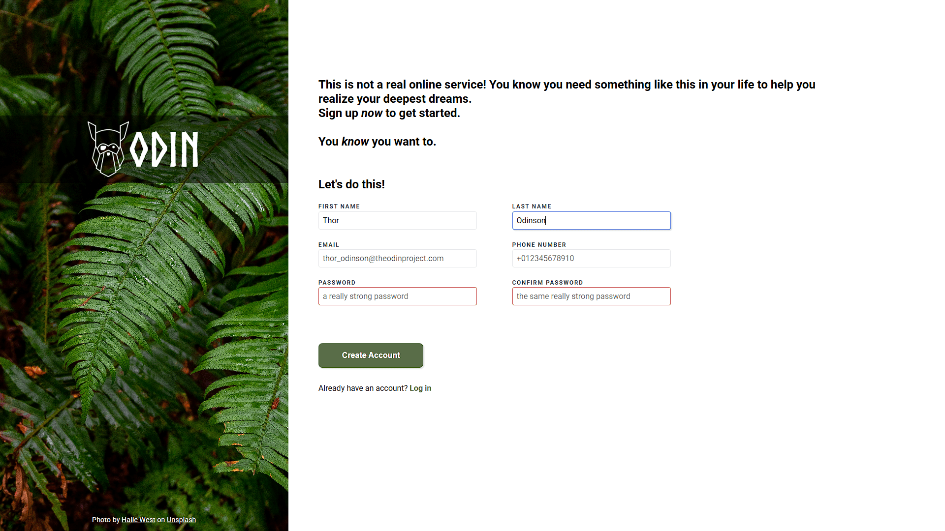 Screenshot of a sign-up page with a left sidebar featuring the brand logo and a decorative image background, and a right main section featuring introductory and call-to-action text and the sign-up form, with different border colors for focused and unfocused input fields, as well as input fields with invalid values.