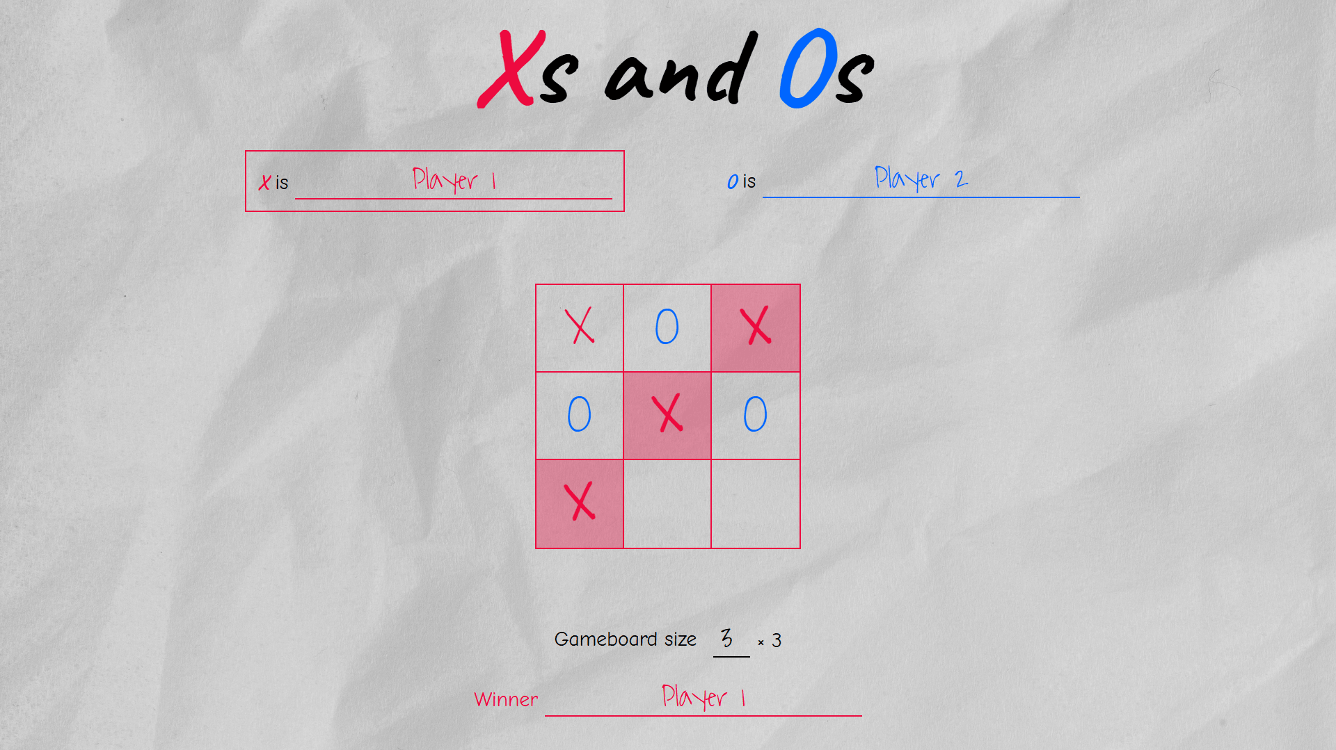 Screenshot of Xs and Os, featuring from top downwards: the game logo, player names, with the name of the player of the current turn being highlighted by a surrounding box, the typical 3-by-3 tic-tac-toe gameboard with player marks on it, an input for the gameboard size and the name of the winning player.