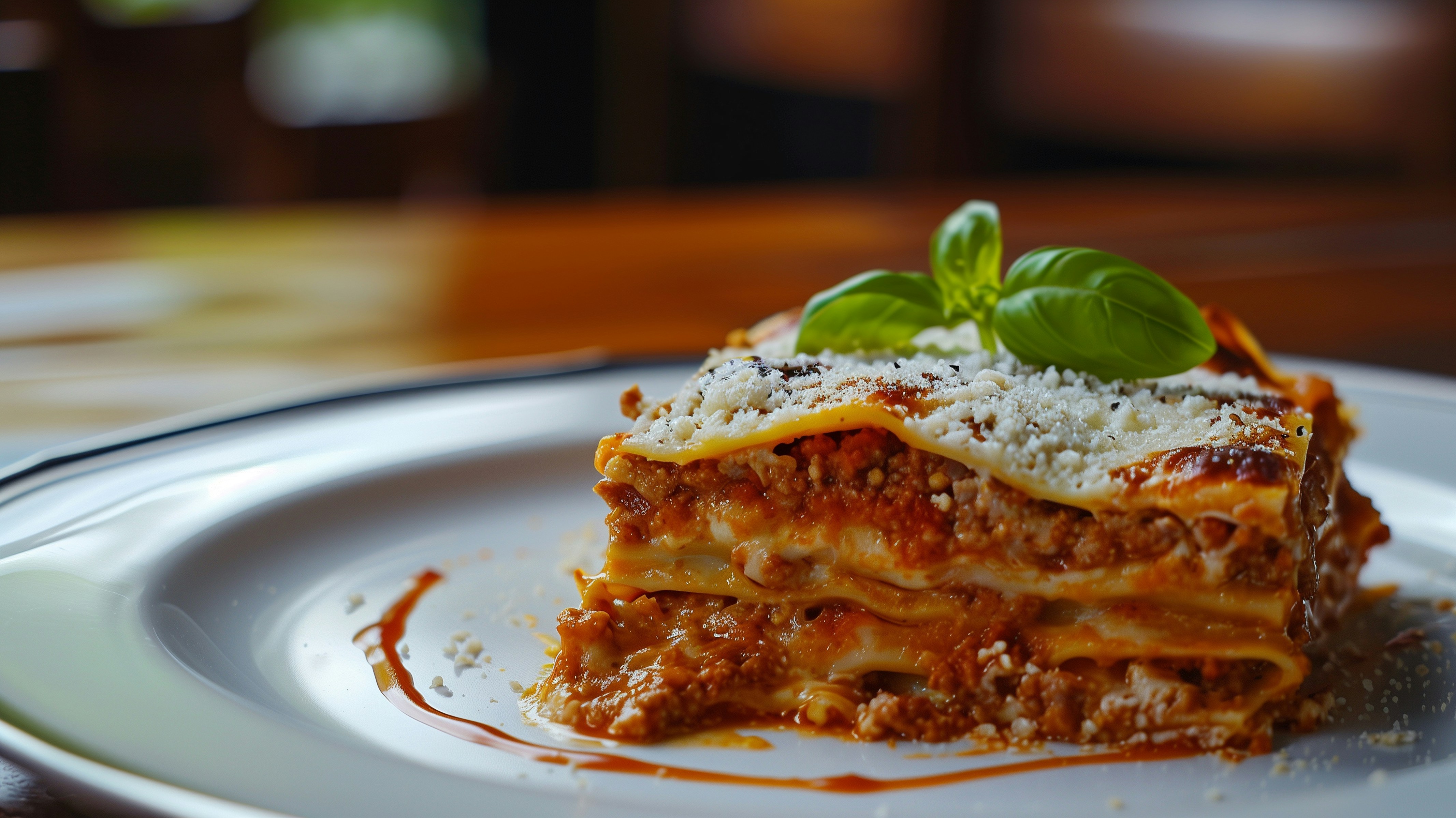 Close-up view of a slice of lasagna.